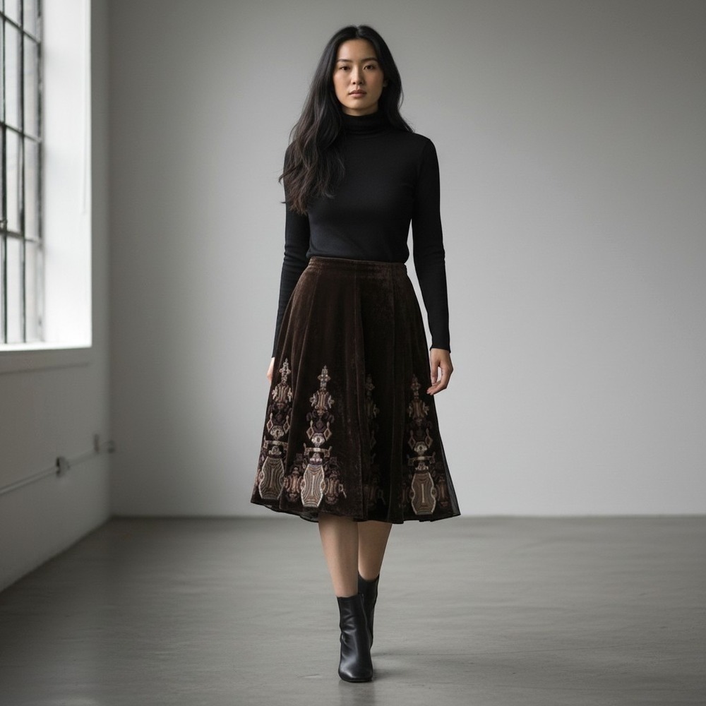 Tahari Silk A Line Pleated Skirt Chocolate Brown Crushed Velvet Embroidered 6